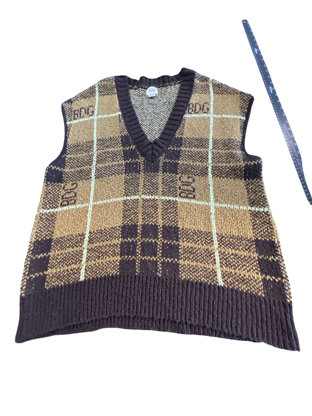 Urban Outfitters Brown and Black Plaid V-Neck Sweater Vest